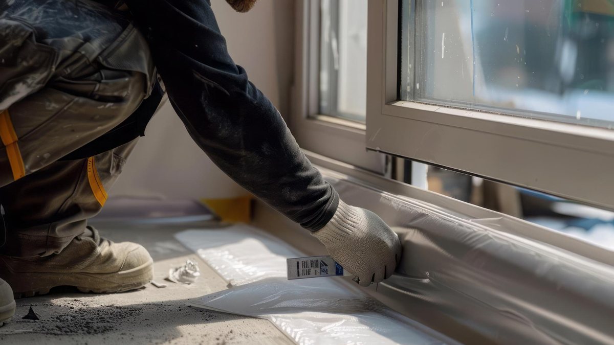 Worker fitting the sill beneath a window frame