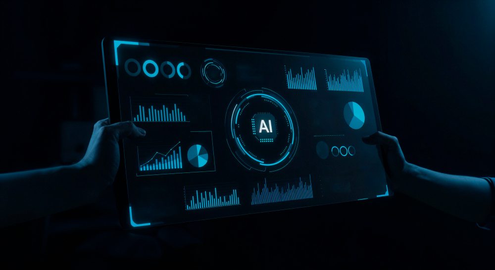 Tablet displaying an AI symbol and analytics charts