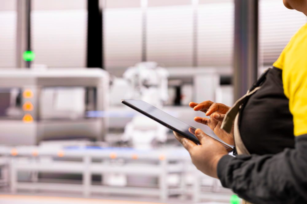 Worker using a tablet beside factory equipment