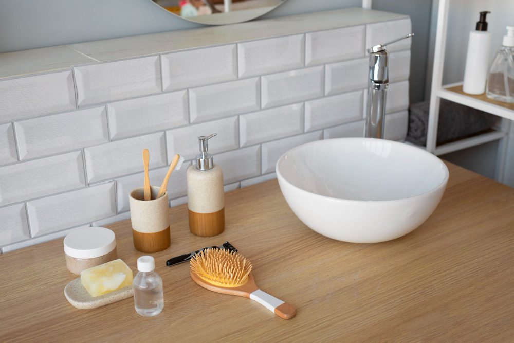 Round white basin on a wooden bathroom counter