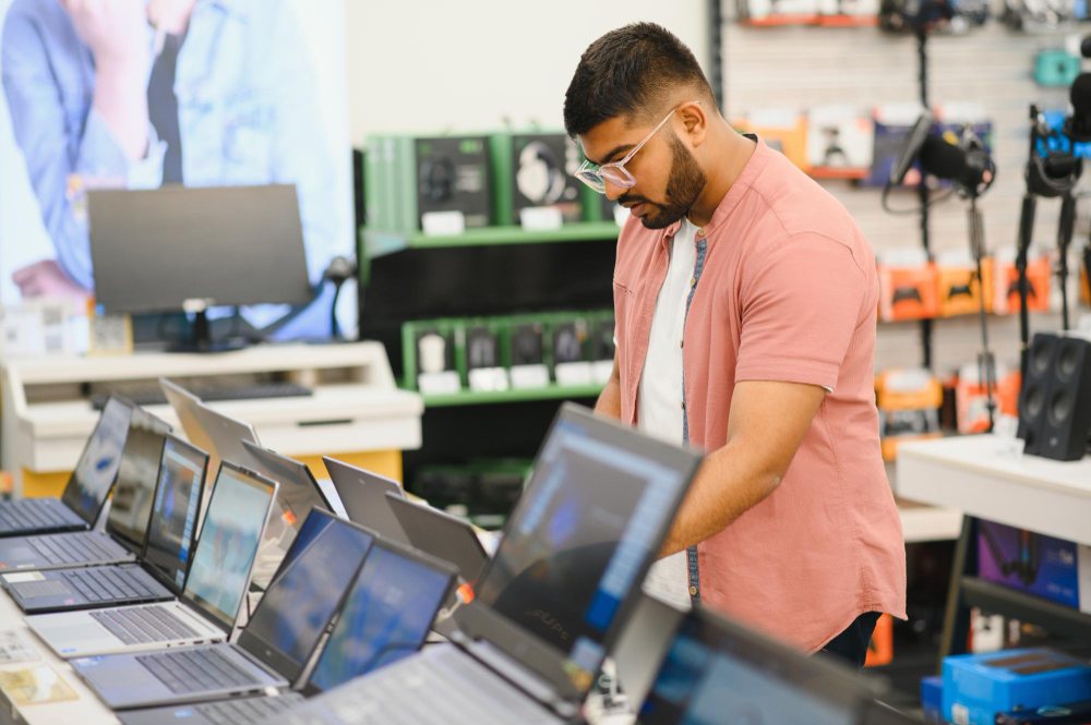 Customer comparing laptops displayed in a computer store