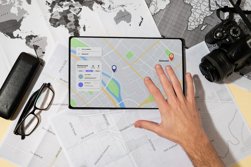 Tablet displaying a street map beside a camera and papers