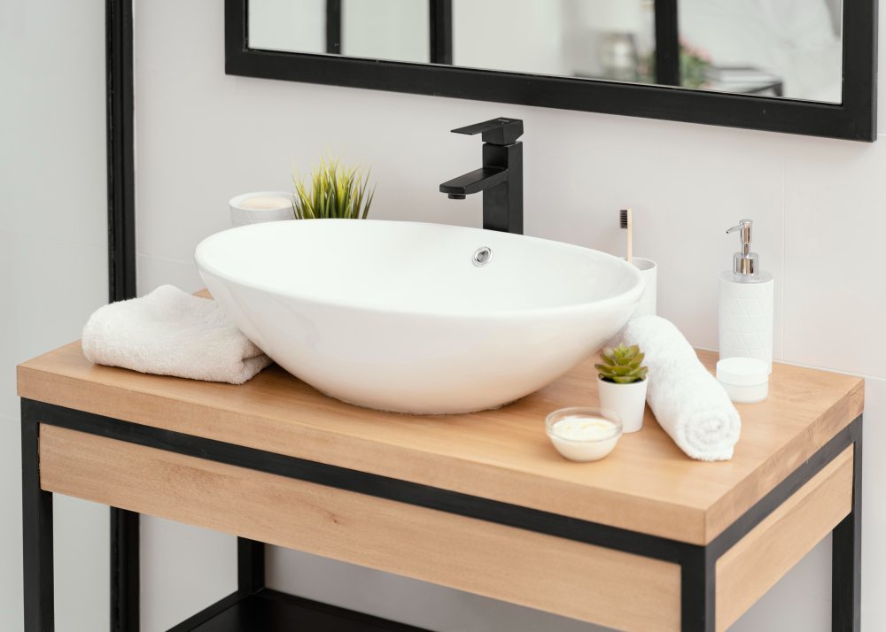 White oval basin on a wooden bathroom vanity
