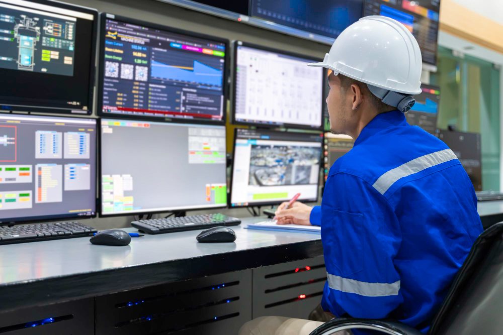 Factory operator viewing several monitoring screens
