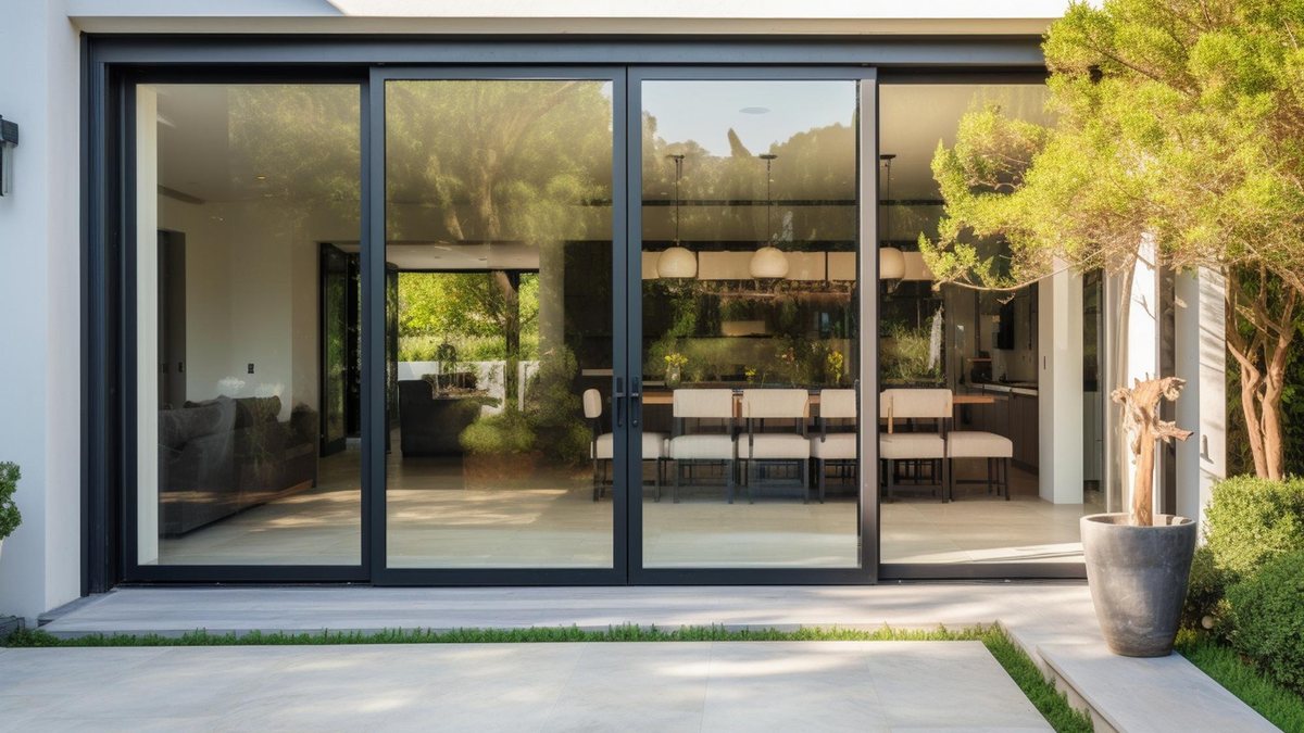 Wide sliding glass doors opening onto a garden patio