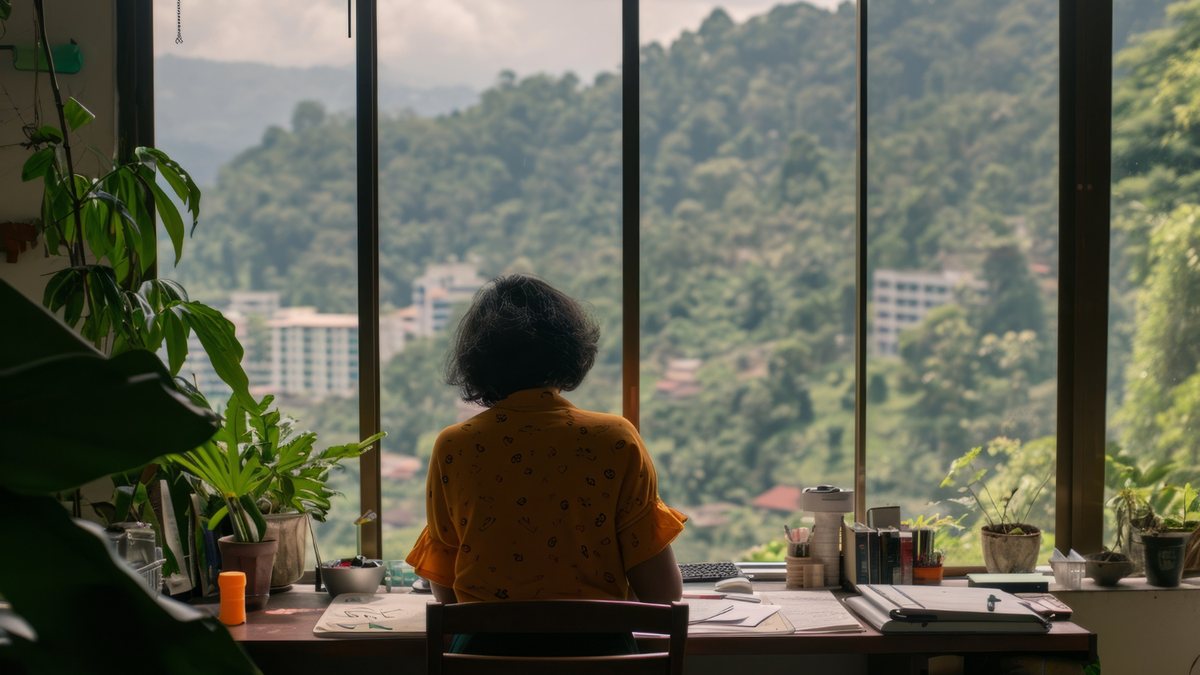 Home workspace beside large windows overlooking green hills